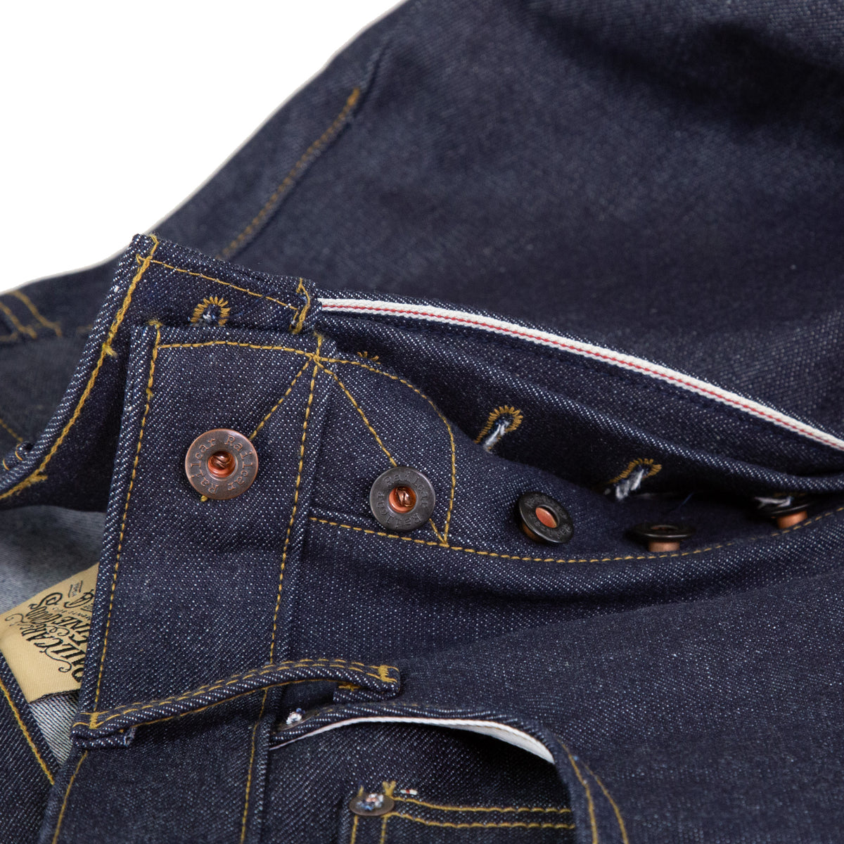 Fly Selvedge Detail of Spikes X110 Taper Leg 13.5 Oz Classic Indigo Selvedge