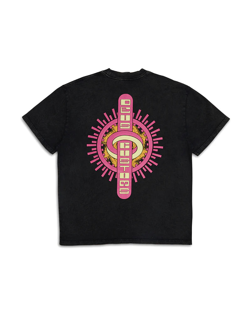 Back View of A Deus black crew neck t-shirt with a graphic print in the center featuring a combination of pink, yellow, and white colors.