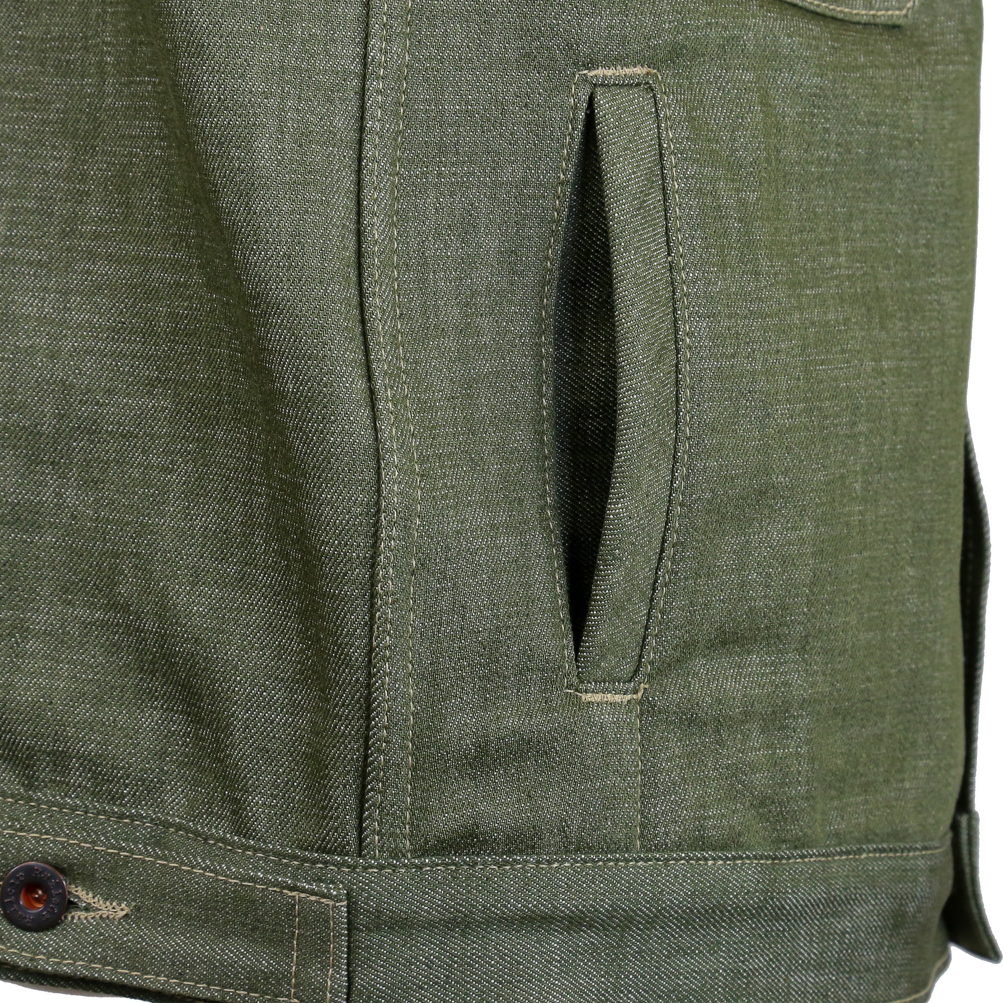 Hand Warmer Pocket Detail of Type 2 X079 13.5 Ounce Pistachio Green Selvedge Jacket