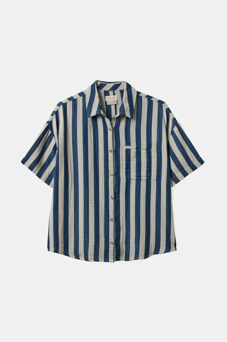 Front of Brixton Mykonos Stripe BF Short Sleeve Woven Shirt - Deep Sea 