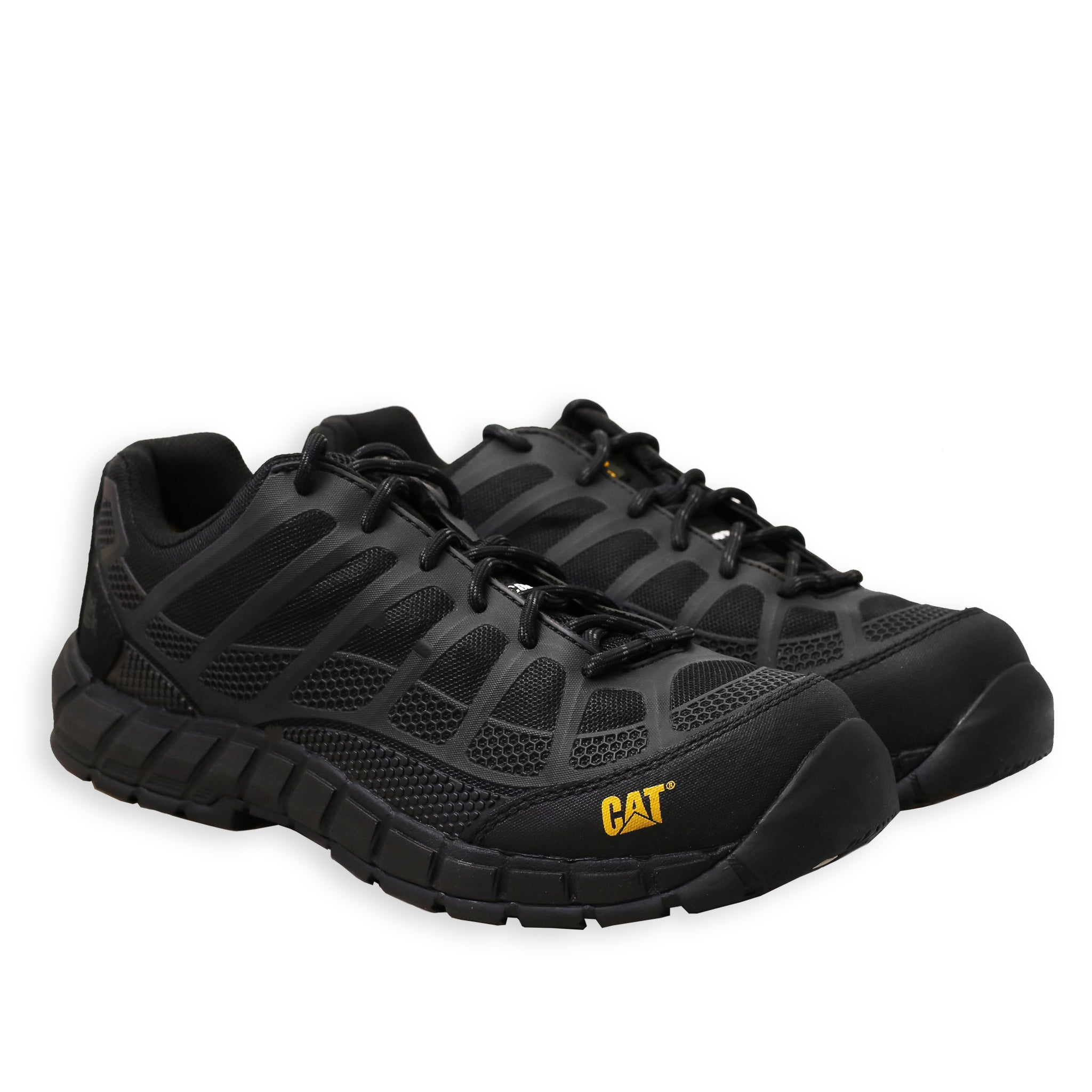 A pair of black CAT work boots with a composite toe and a rubber outsole designed for safety and comfort.